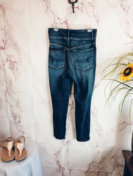 American Eagle High Rise Skinny Jeans Dark Wash 3 Button Stretch 12 - Picture 4 of 6